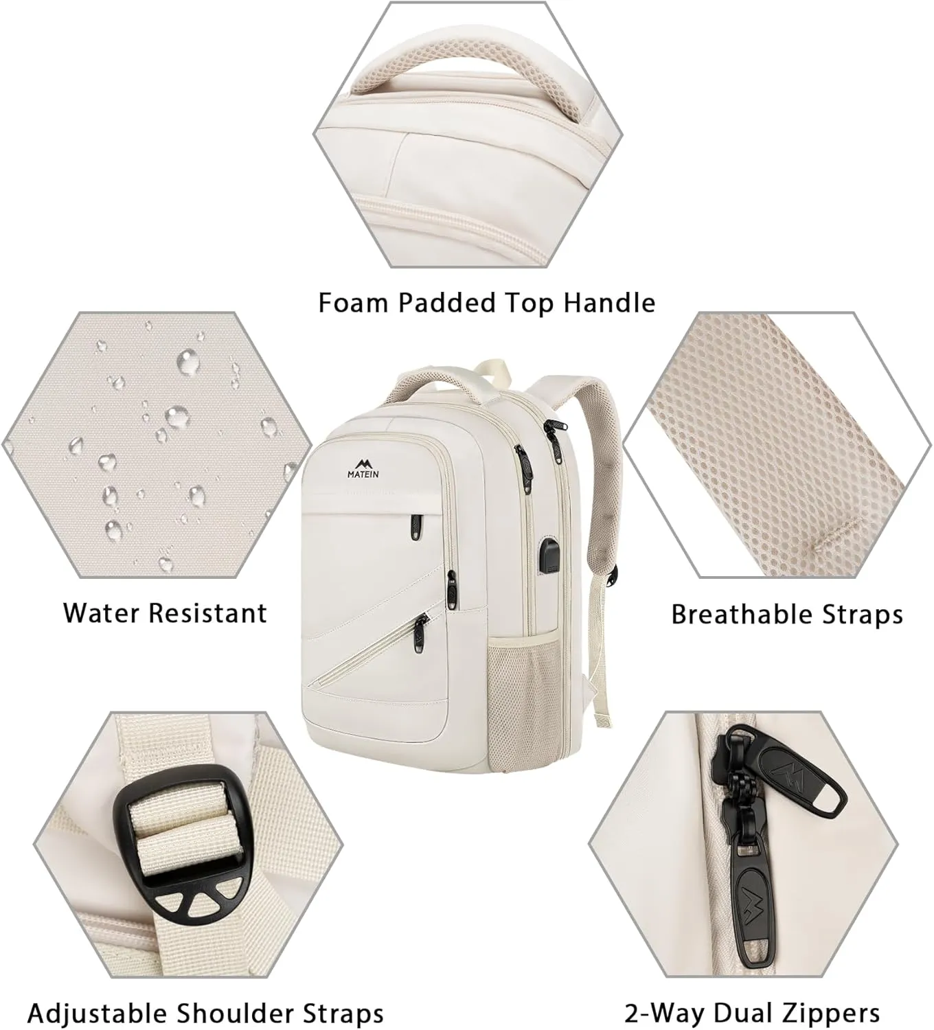 MATEIN Extra Large Travel Backpack for Women, 18 Inch TSA College Backpack with Multiple Pockets and USB Charging Port, 50 L Business Work Carry On Computer Bags, Cream Beige