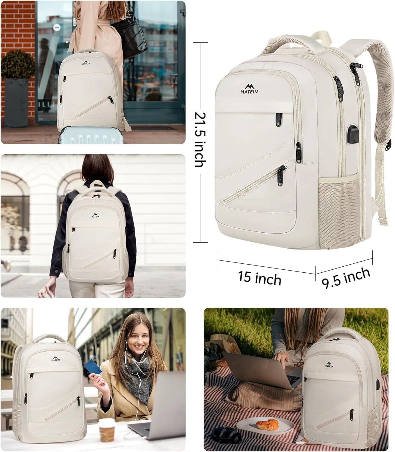 MATEIN Extra Large Travel Backpack for Women, 18 Inch TSA College Backpack with Multiple Pockets and USB Charging Port, 50 L Business Work Carry On Computer Bags, Cream Beige