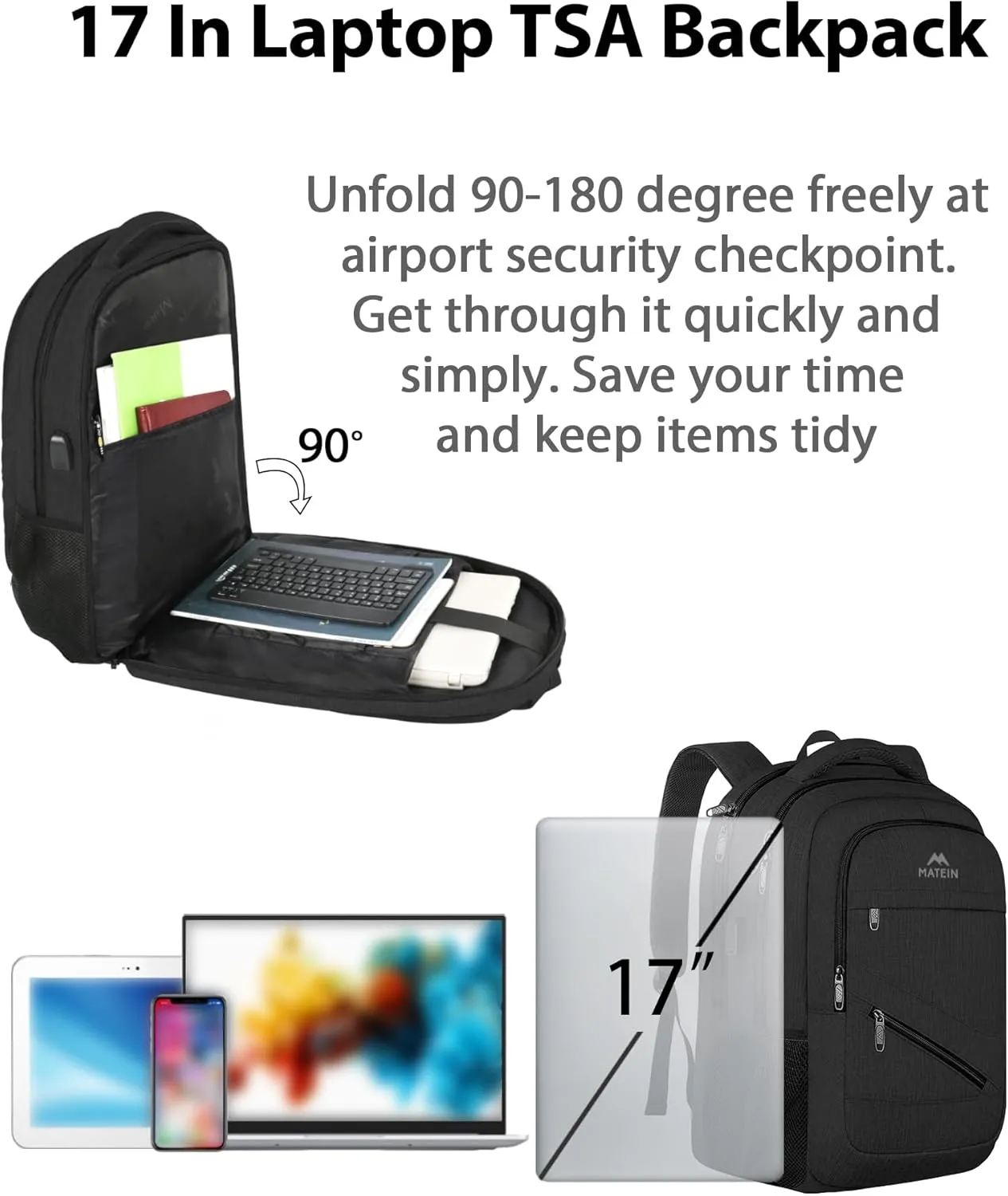 MATEIN School Laptop Backpack, Large TSA Friendly College Computer Bookbag with Laptop Compartment Fits 17 Inch Notebook, Water Resistant Business Work Travel Bag, Graduation Gifts for Men Women