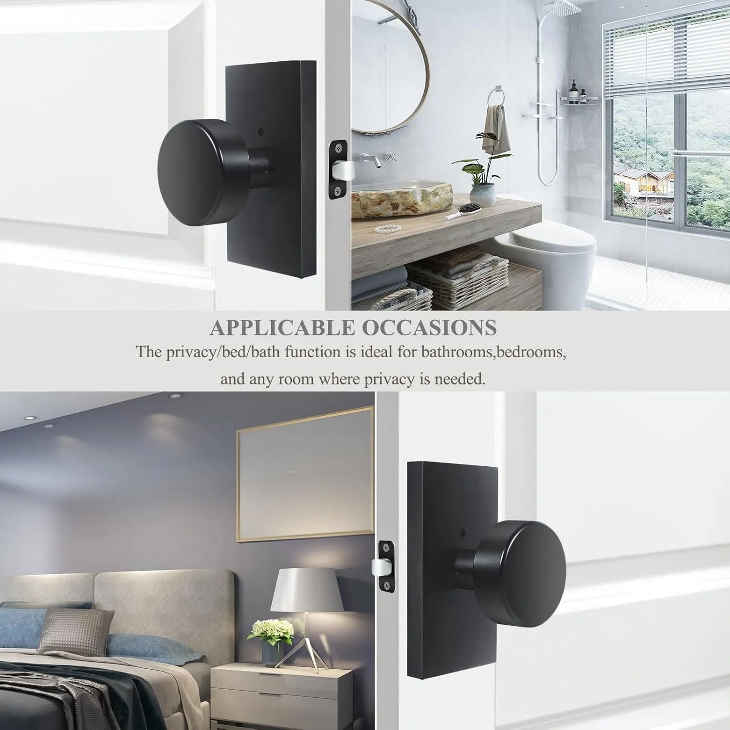 Matte Black Door Knobs Interior with Lock, Modern Privacy Rectangle Door Knob Door Handles for Bathroom Bedroom