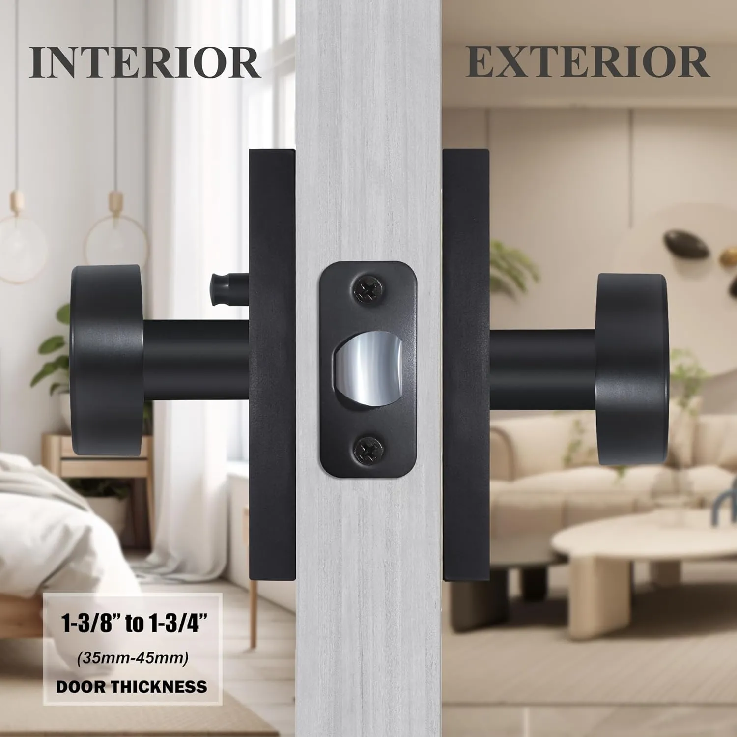 Matte Black Door Knobs Interior with Lock, Modern Privacy Rectangle Door Knob Door Handles for Bathroom Bedroom