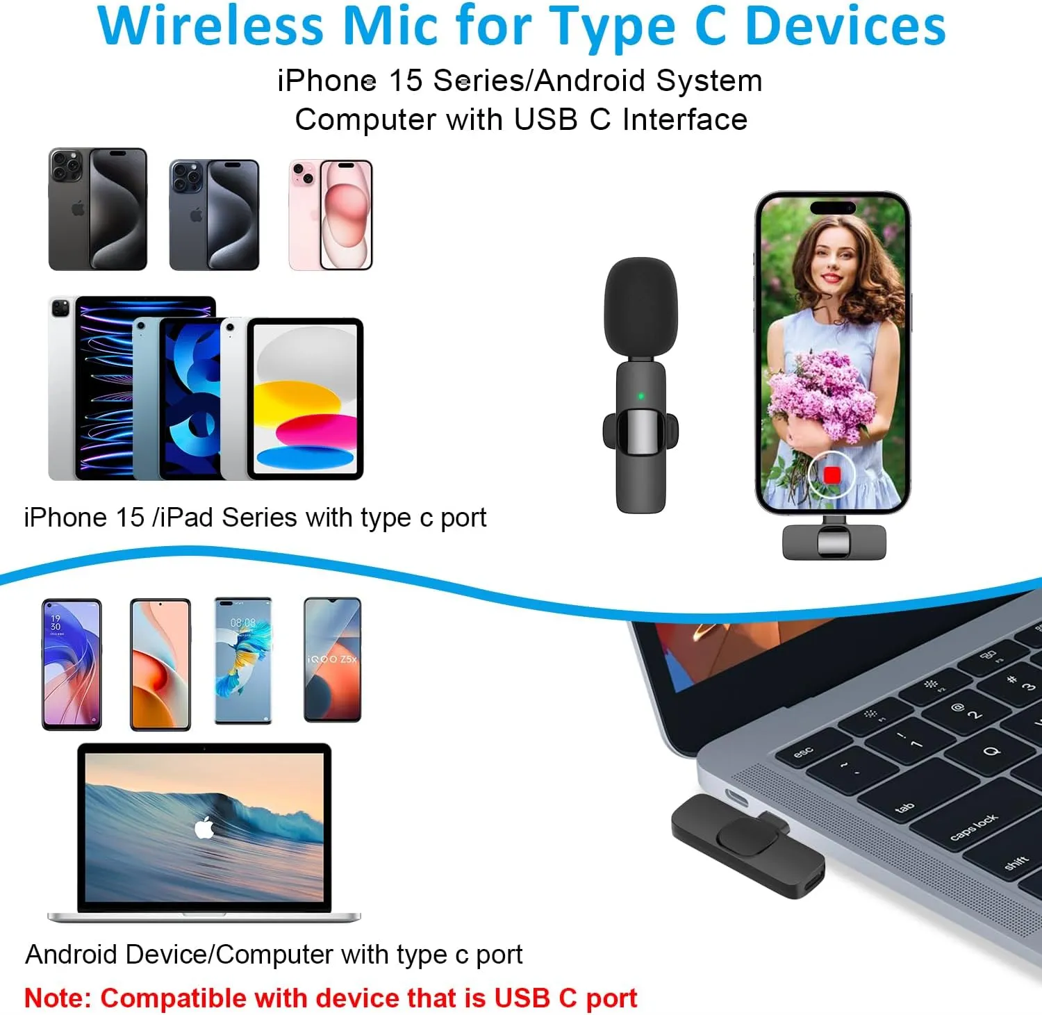 MAYBESTA Wireless Lavalier Lapel Microphone for iPhone 15 Series/Android/Laptop - Bluetooth Mini Phone Microphones for Video Recording - 2 Clip on Mics with USB C Interface for Tiktok YouTube Vlog