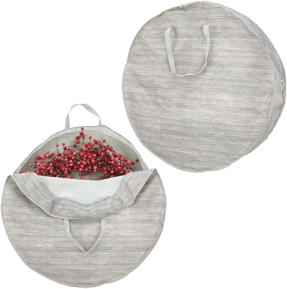 mDesign Round 30" Wreath Storage Container with Handles - Fabric Christmas Wreath Storage Bag and Protector - Garland Storage Bag Container - Holiday Decoration Organizer - 2 Pack, Striped Taupe/Tan
