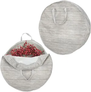 mDesign Round 30" Wreath Storage Container with Handles - Fabric Christmas Wreath Storage Bag and Protector - Garland Storage Bag Container - Holiday Decoration Organizer - 2 Pack, Striped Taupe/Tan