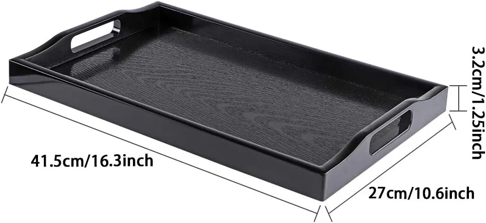 MDLUU Plastic Serving Tray, Ottoman Tray with Cutout Handles, Rectangle Butler Tray for Breakfast in Bed, Coffee Table Decor, Party (Black)