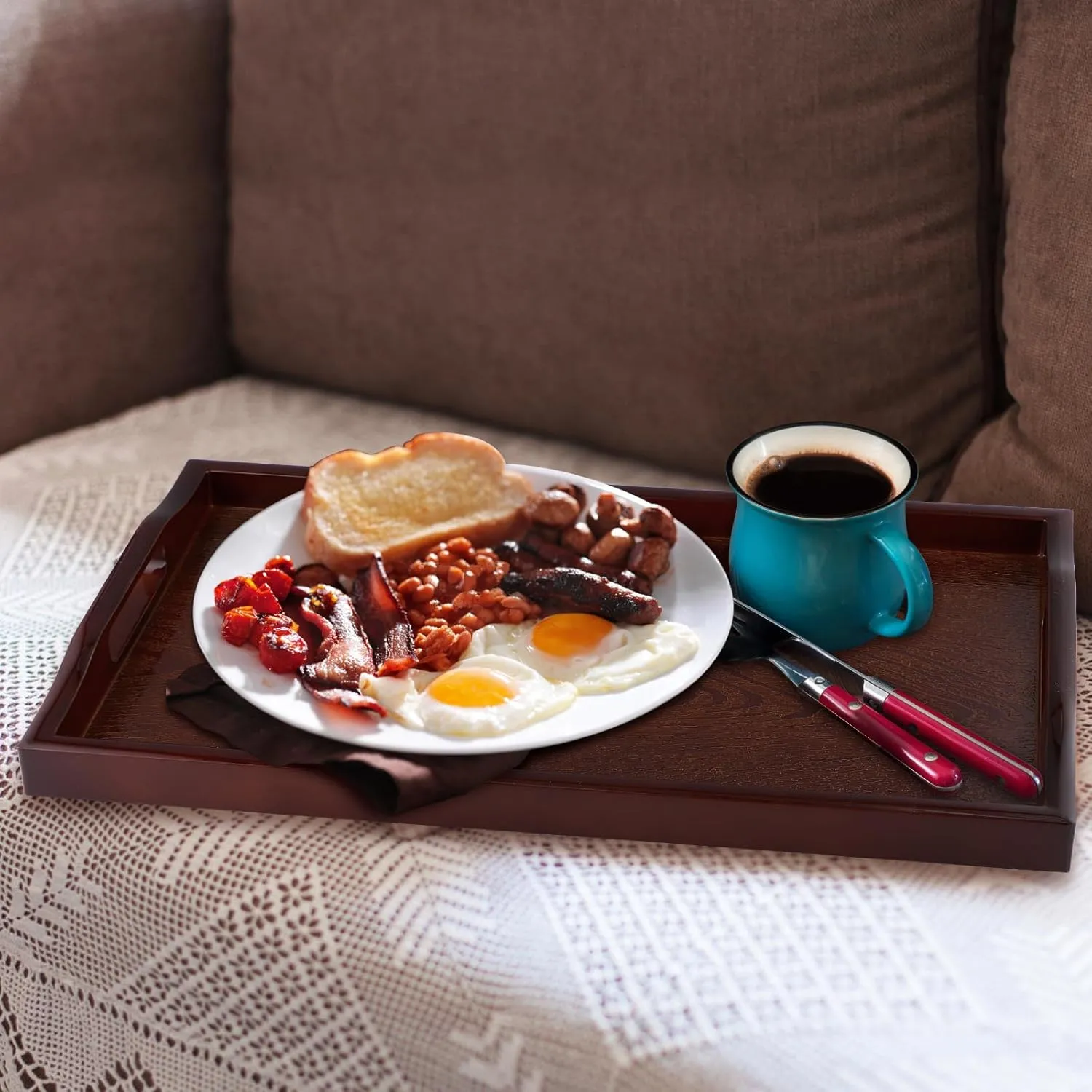MDLUU Plastic Serving Tray, Ottoman Tray with Cutout Handles, Rectangle Butler Tray for Breakfast in Bed, Coffee Table Decor, Party (Cherry)