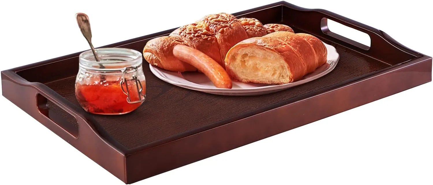 MDLUU Plastic Serving Tray, Ottoman Tray with Cutout Handles, Rectangle Butler Tray for Breakfast in Bed, Coffee Table Decor, Party (Cherry)