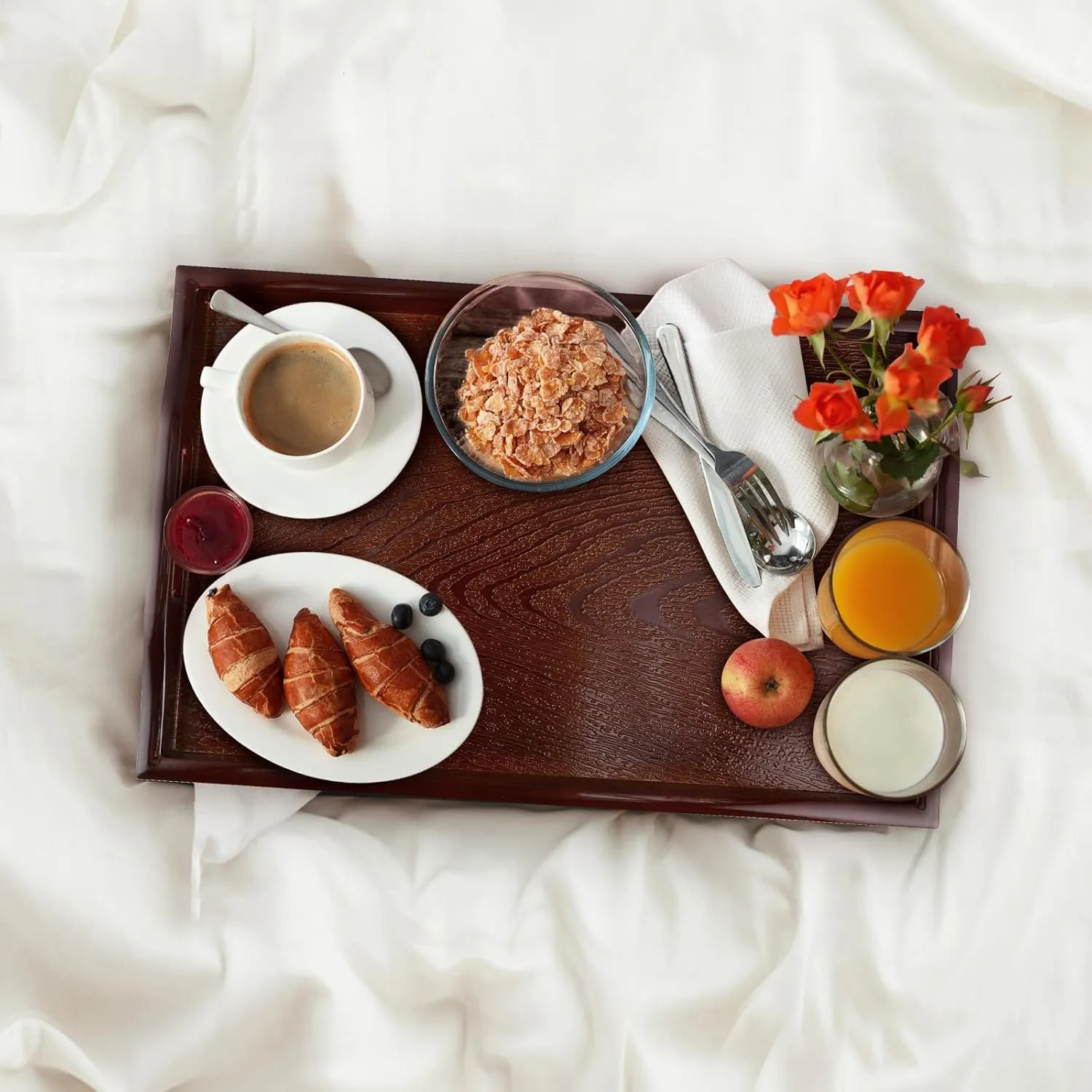 MDLUU Plastic Serving Tray, Ottoman Tray with Cutout Handles, Rectangle Butler Tray for Breakfast in Bed, Coffee Table Decor, Party (Cherry)