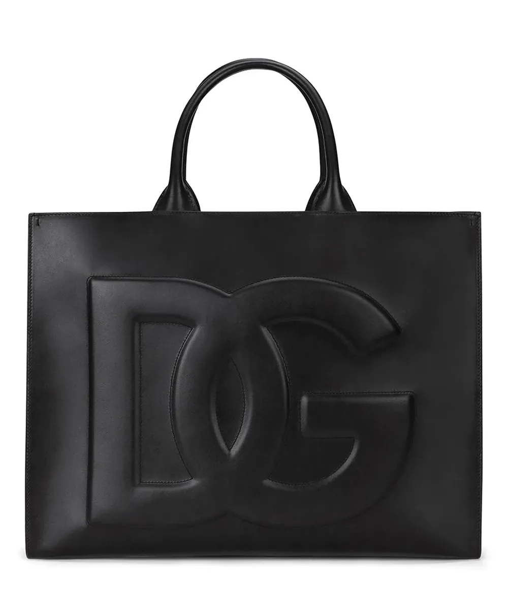Medium Beatrice DG Embossed Logo Calfskin Tote Bag in Black