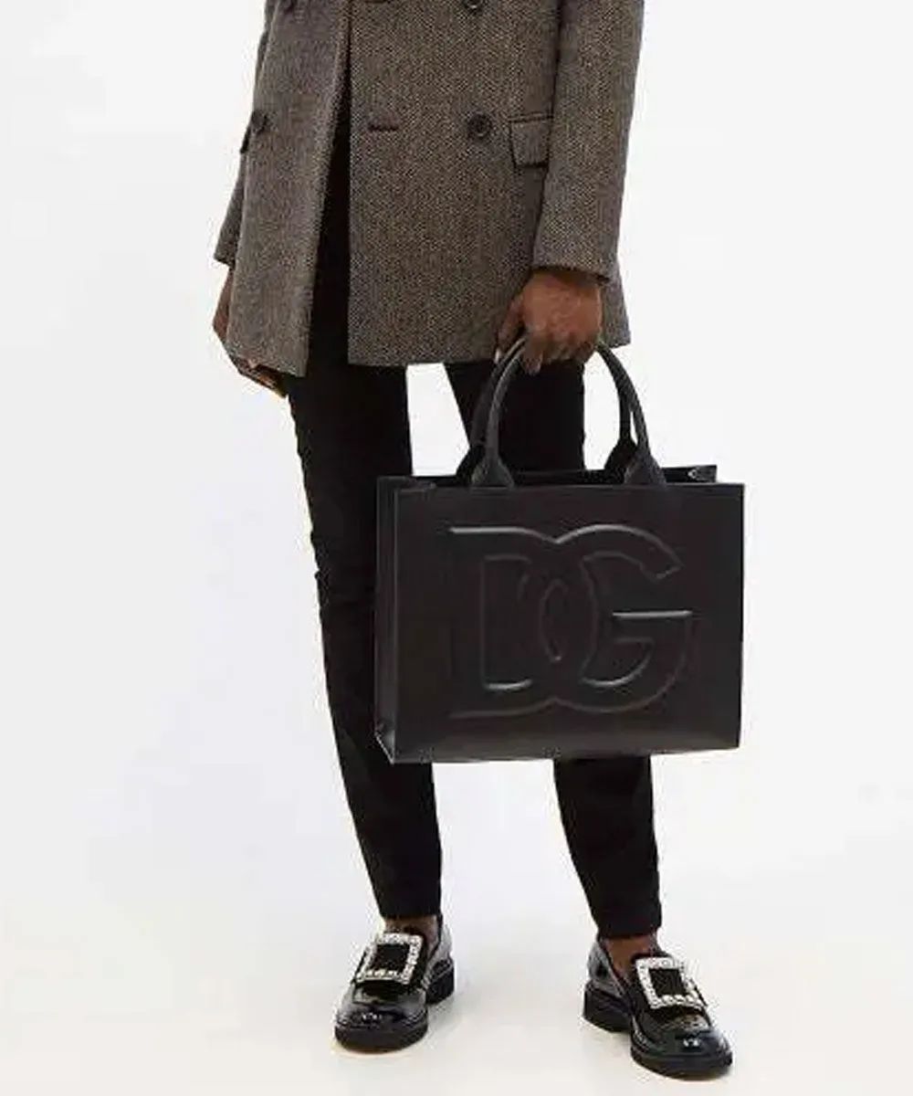Medium Beatrice DG Embossed Logo Calfskin Tote Bag in Black