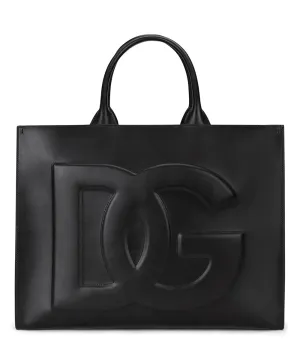 Medium Beatrice DG Embossed Logo Calfskin Tote Bag in Black