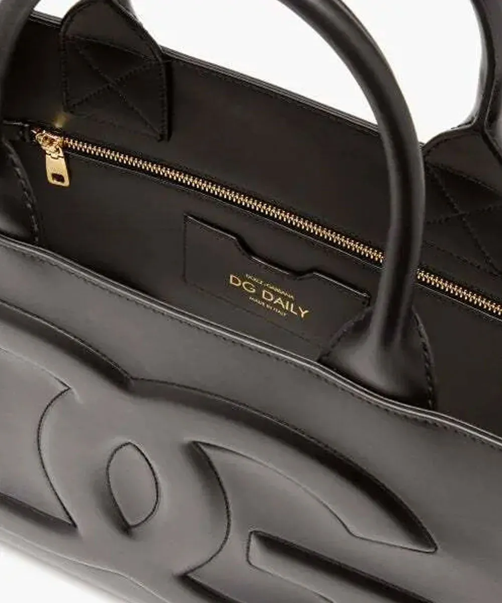 Medium Beatrice DG Embossed Logo Calfskin Tote Bag in Black