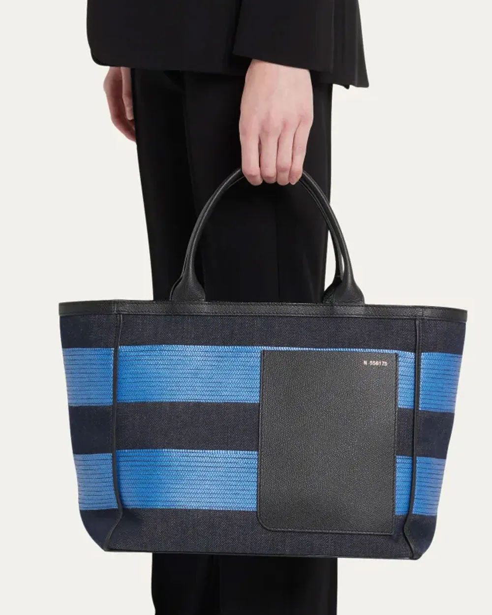 Medium Striped Media Shopping Tote Bag in Nero and Royal
