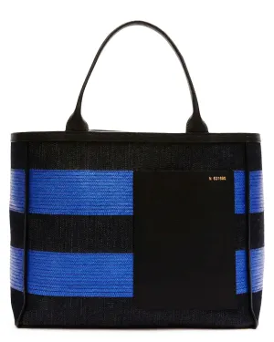 Medium Striped Media Shopping Tote Bag in Nero and Royal