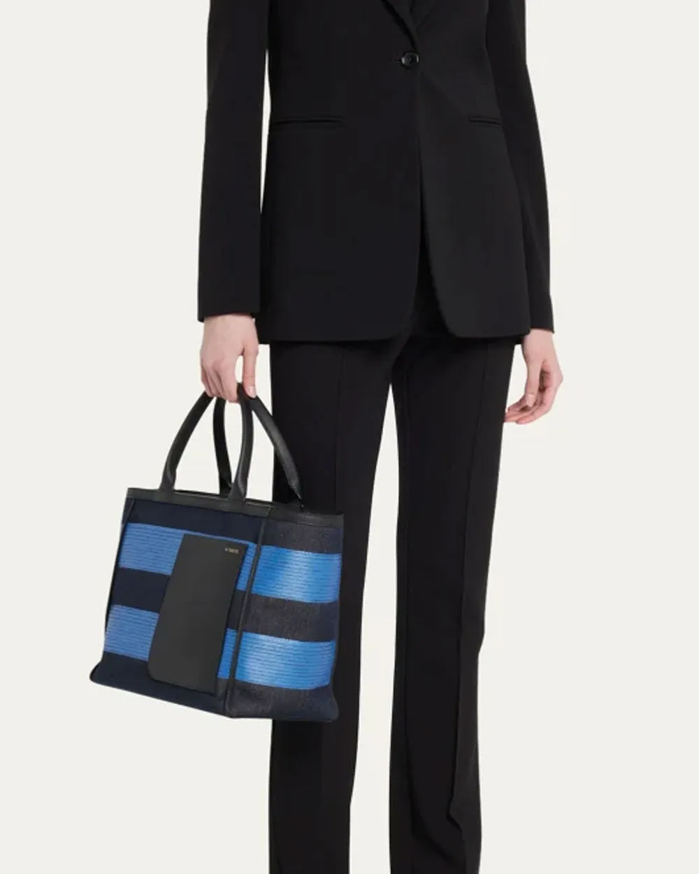 Medium Striped Media Shopping Tote Bag in Nero and Royal