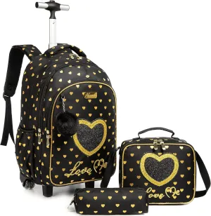 Meetbelify Wheels Backpack for Girls Rolling Backpack with Lunch Box for Elementary School Travel Suitcase Trip Luggage for Kids
