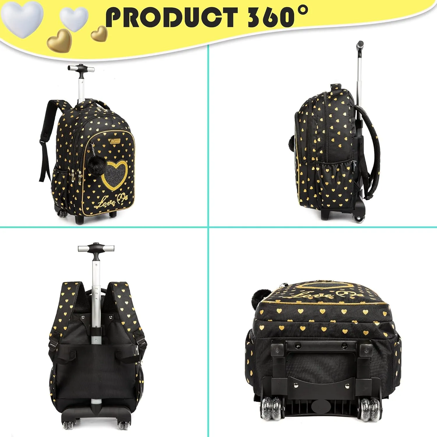 Meetbelify Wheels Backpack for Girls Rolling Backpack with Lunch Box for Elementary School Travel Suitcase Trip Luggage for Kids