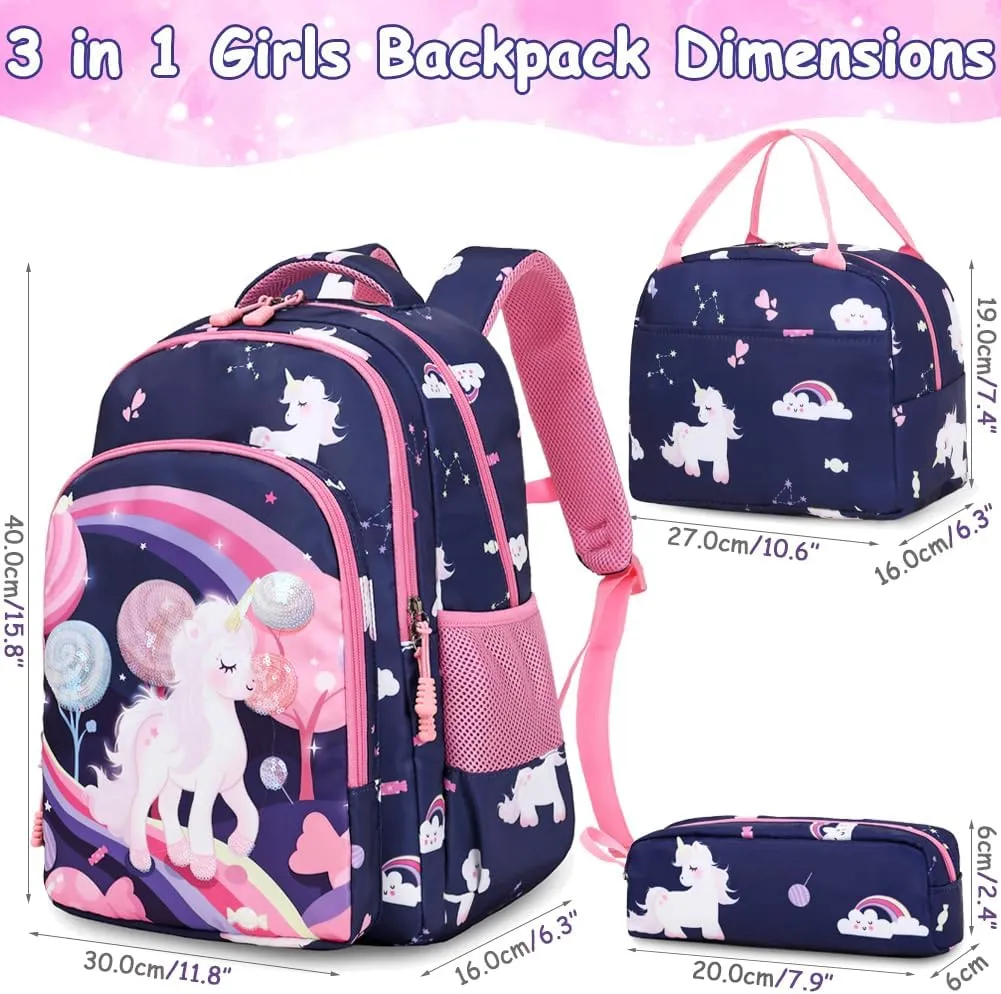 Meisohua Girls Backpack with Lunch Box 3 in 1 Set Kids Backpack for Girls Preschool Kindergarten Elementary School Backpack