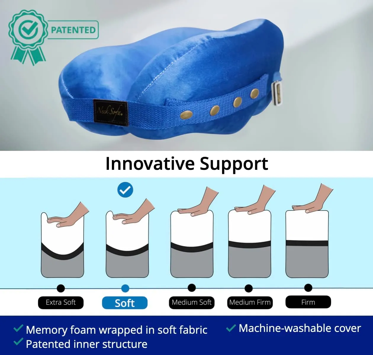 Memory Foam Neck Pillow, Travel Support for Plane, Car, Camping, Bed & More, Washable Zipper Cover, Blue