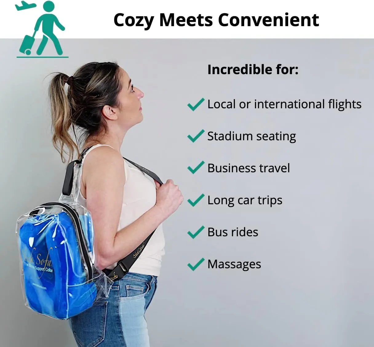 Memory Foam Neck Pillow, Travel Support for Plane, Car, Camping, Bed & More, Washable Zipper Cover, Blue