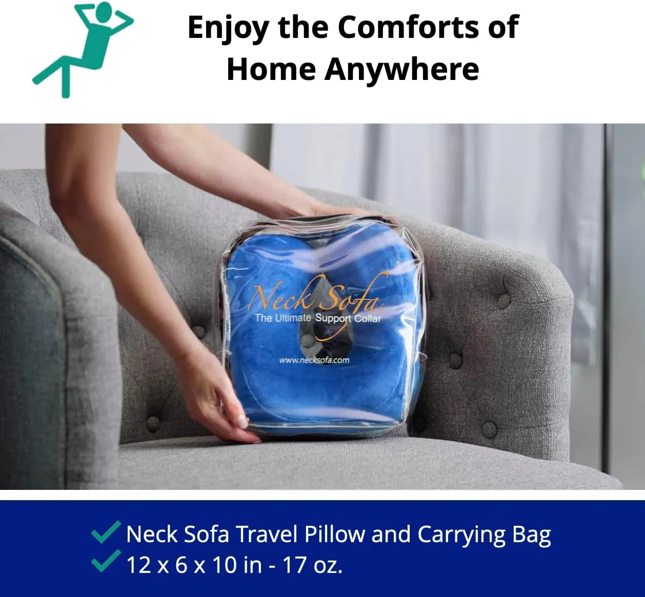 Memory Foam Neck Pillow, Travel Support for Plane, Car, Camping, Bed & More, Washable Zipper Cover, Blue