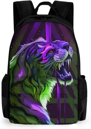 Men & Women Lightweight Angry Tiger Rainbow Animal Magic Art Casual Daypack Large Capacity Bookbag With Adjustable Shoulder Straps for Gym Business Bicycle