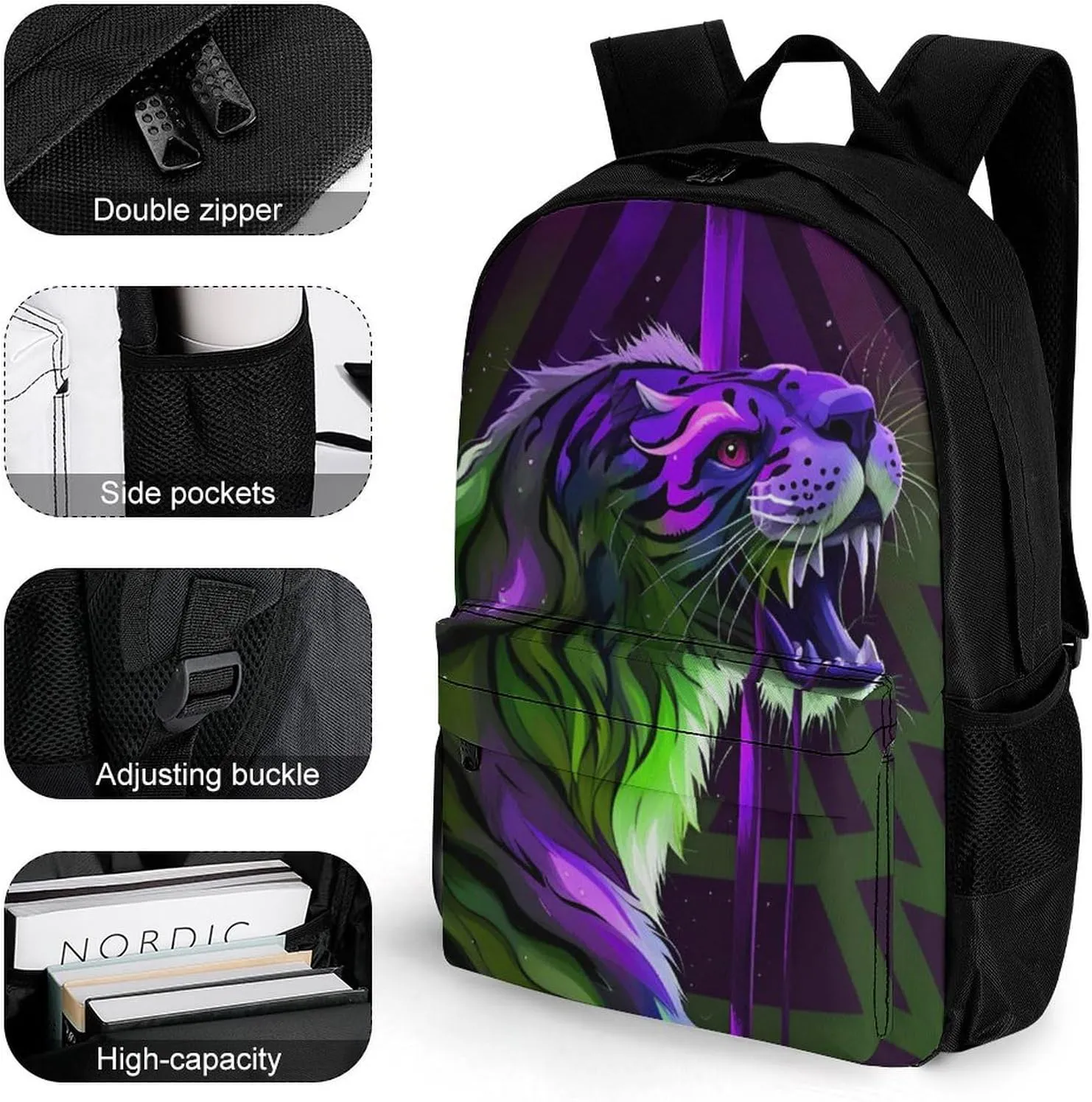 Men & Women Lightweight Angry Tiger Rainbow Animal Magic Art Casual Daypack Large Capacity Bookbag With Adjustable Shoulder Straps for Gym Business Bicycle