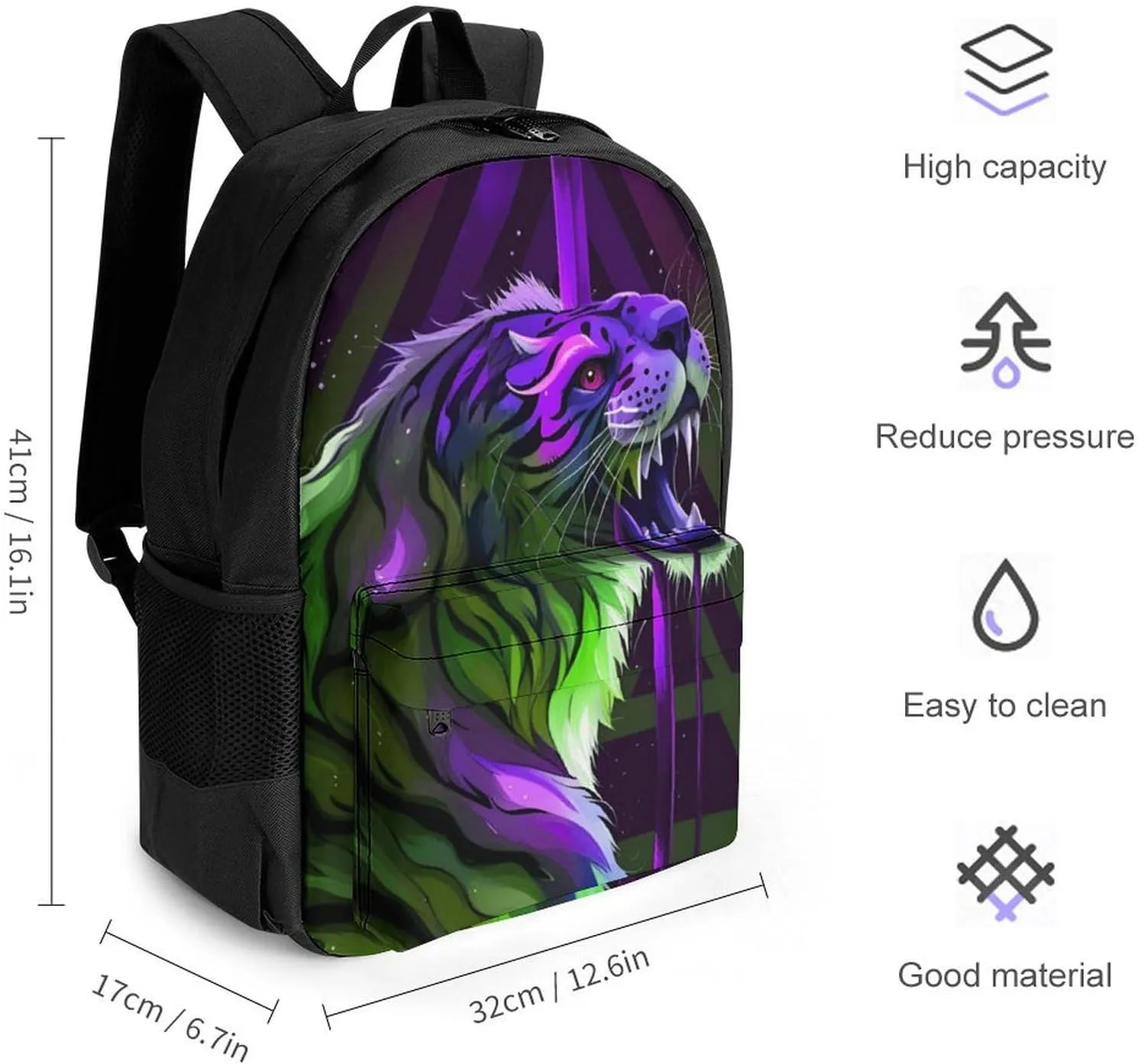 Men & Women Lightweight Angry Tiger Rainbow Animal Magic Art Casual Daypack Large Capacity Bookbag With Adjustable Shoulder Straps for Gym Business Bicycle