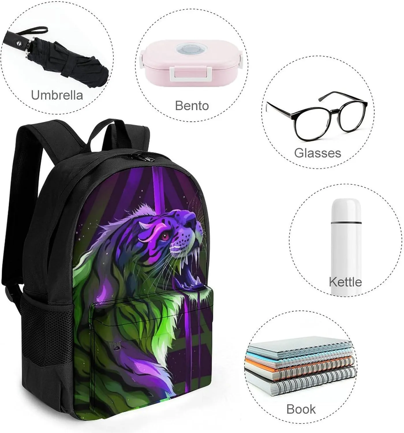Men & Women Lightweight Angry Tiger Rainbow Animal Magic Art Casual Daypack Large Capacity Bookbag With Adjustable Shoulder Straps for Gym Business Bicycle