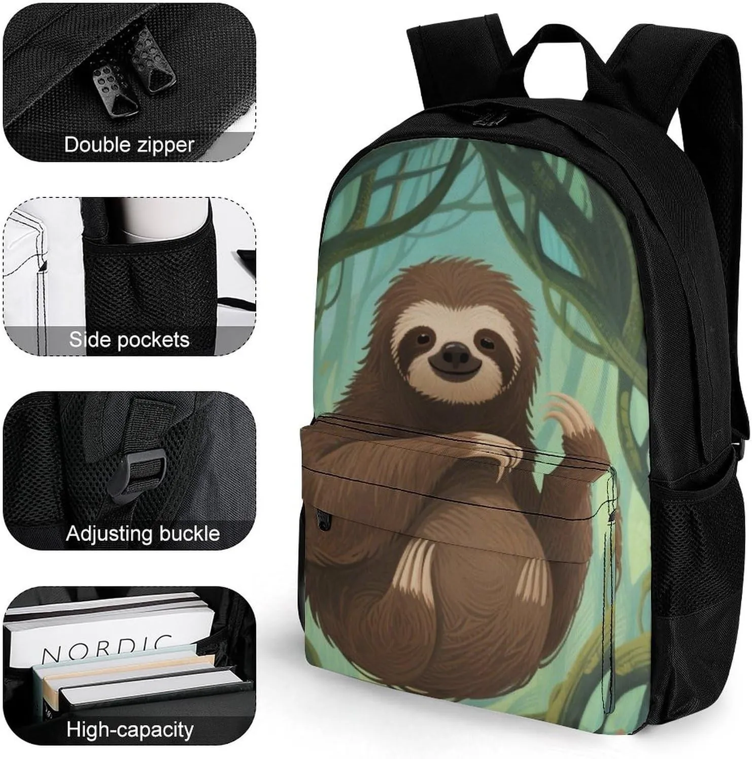 Men Women Polyester Animals Sloth Art Casual Daypack Large Capacity Carry On Bag With Adjustable Shoulder Straps for Camping Work Running