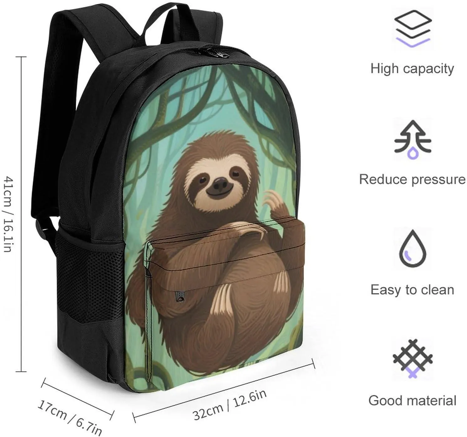 Men Women Polyester Animals Sloth Art Casual Daypack Large Capacity Carry On Bag With Adjustable Shoulder Straps for Camping Work Running