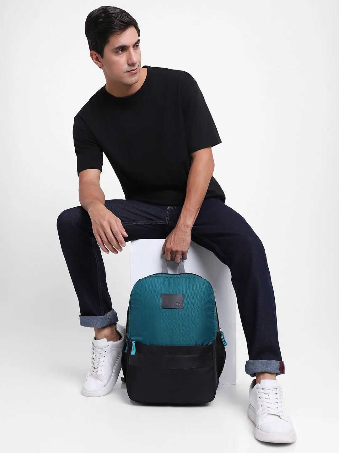 Men's Black & Blue Water Textured Laptop Backpack with adjustable shoulder strap