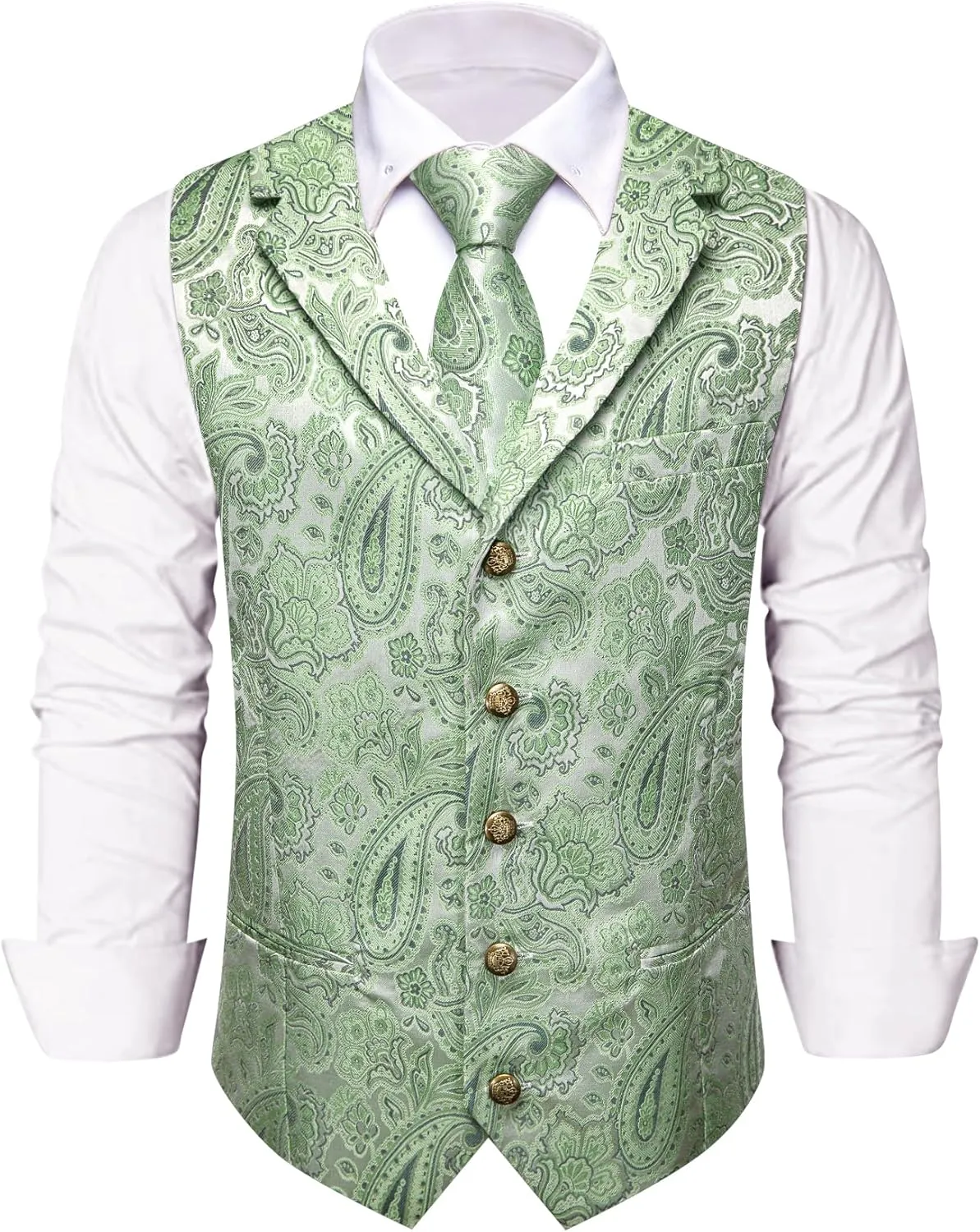 Mens Suit Vest 4PC Silk Paisley Vest with Necktie Pocket Square Cufflinks Formal Woven Waistcoat for Suit Tuxedo