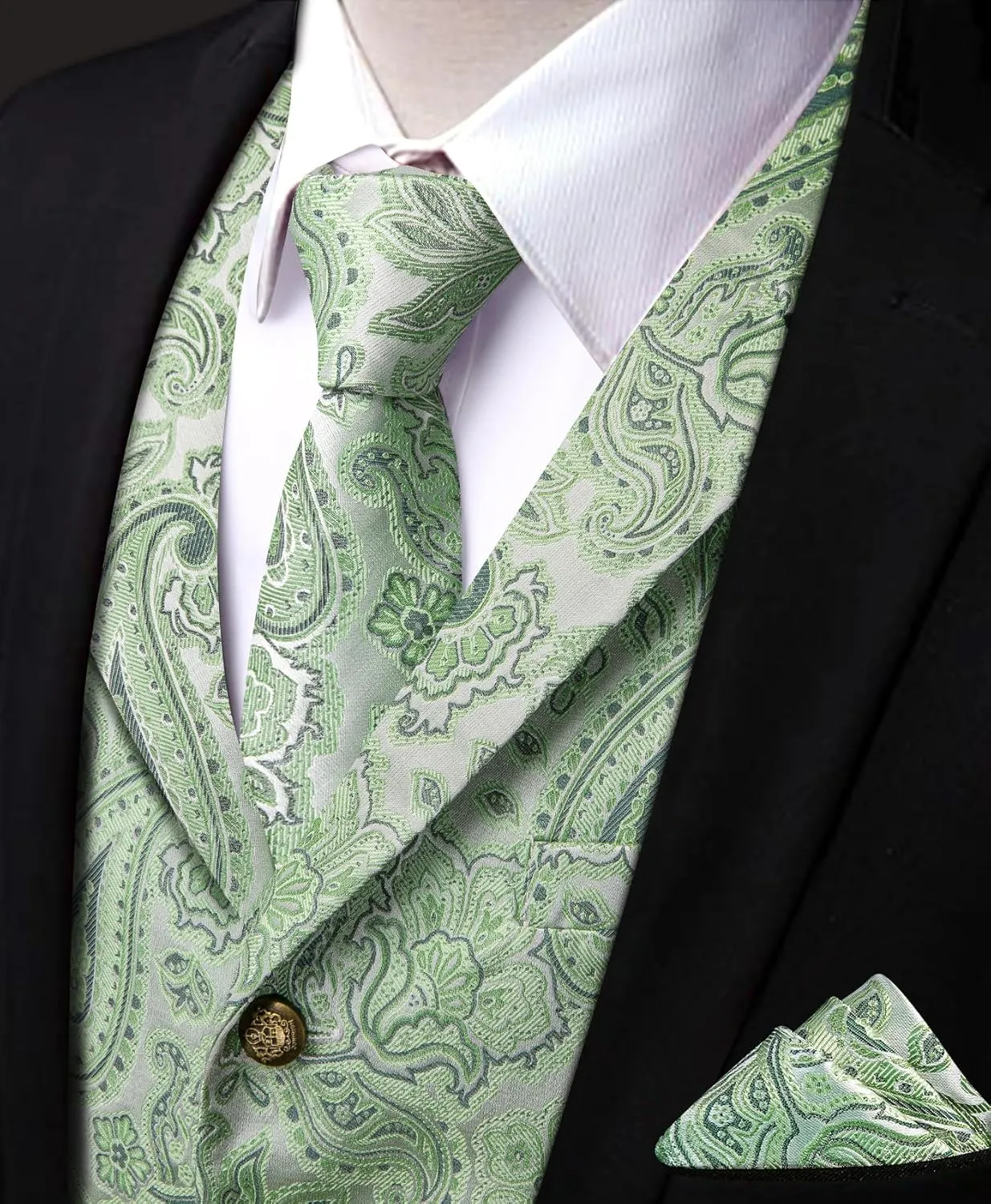 Mens Suit Vest 4PC Silk Paisley Vest with Necktie Pocket Square Cufflinks Formal Woven Waistcoat for Suit Tuxedo