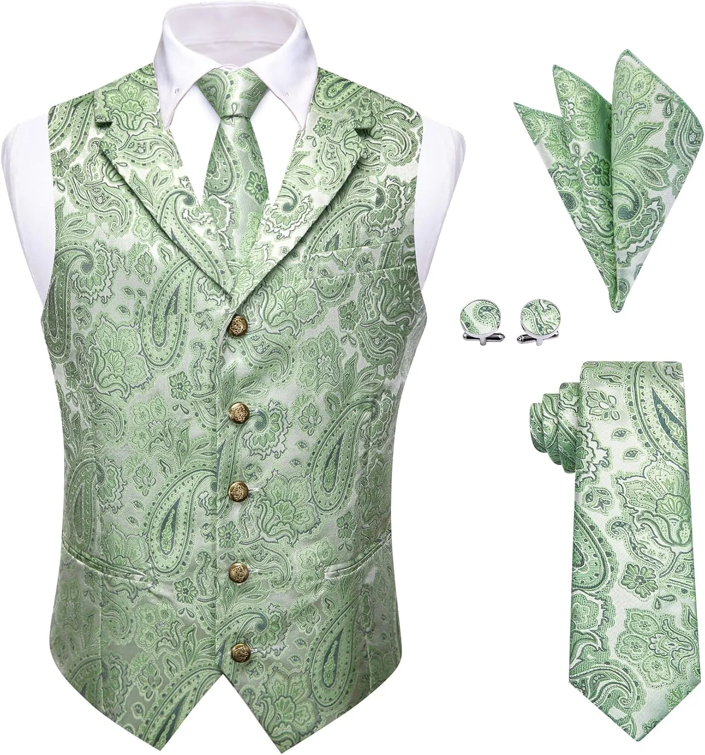 Mens Suit Vest 4PC Silk Paisley Vest with Necktie Pocket Square Cufflinks Formal Woven Waistcoat for Suit Tuxedo