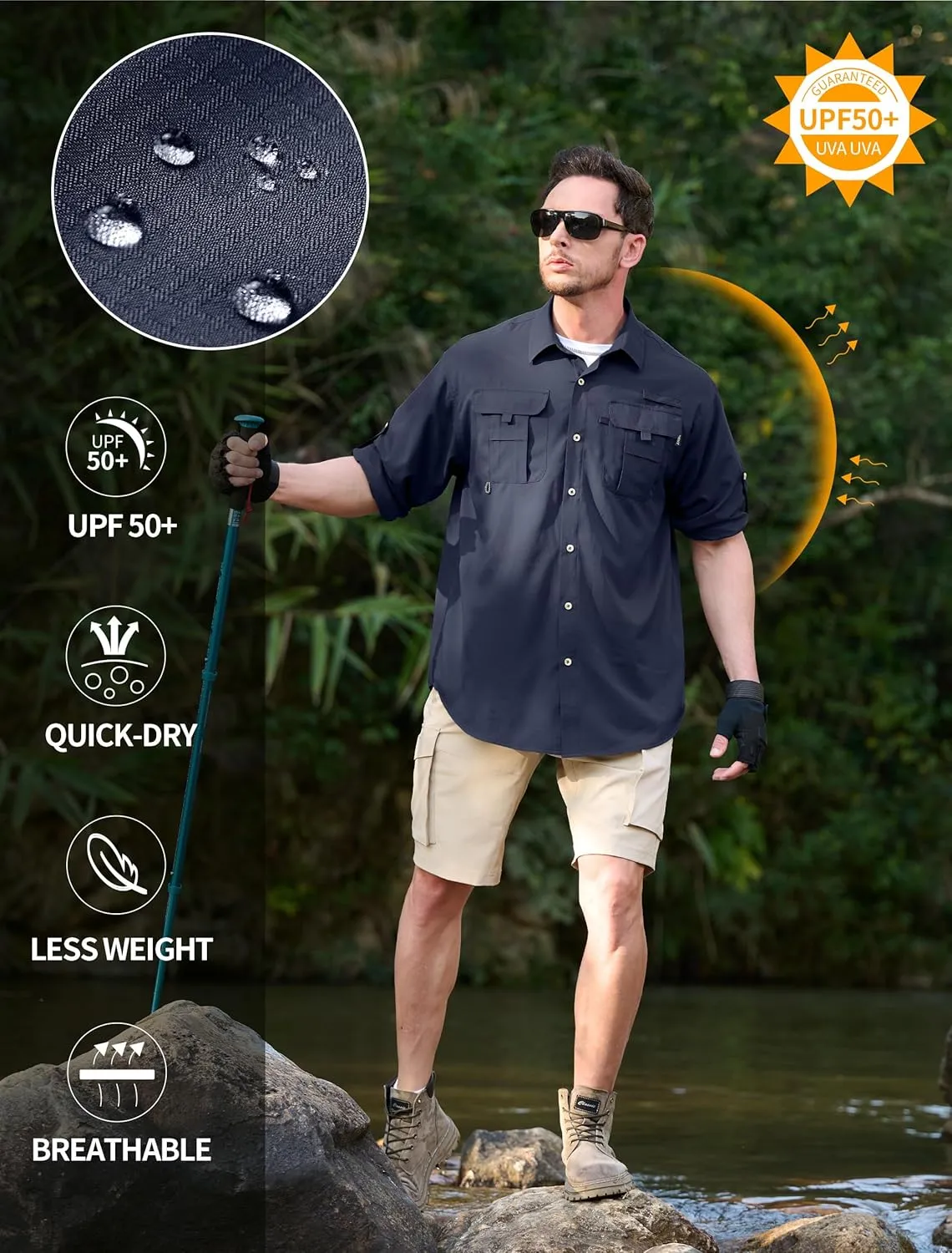 Men's Sun Protection Fishing Shirts Lightweight Long Sleeve UPF 50  Travel Work Hiking Shirts with Pockets