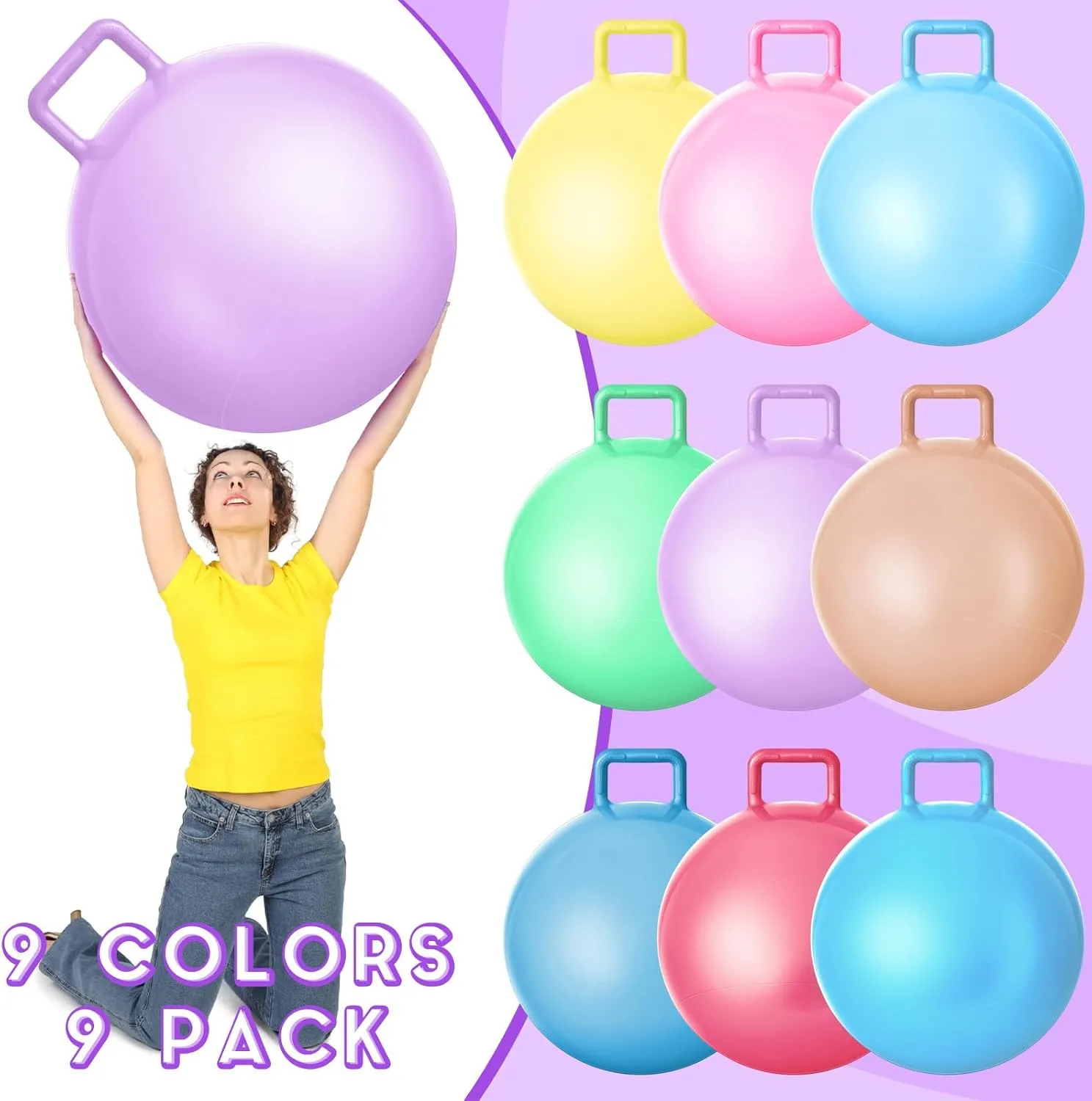 Meooeck 9 Pcs Hopper Ball Outdoor Bouncy Balls with Handles and Air Pump Jumping Hopping Ball for Games Exercise