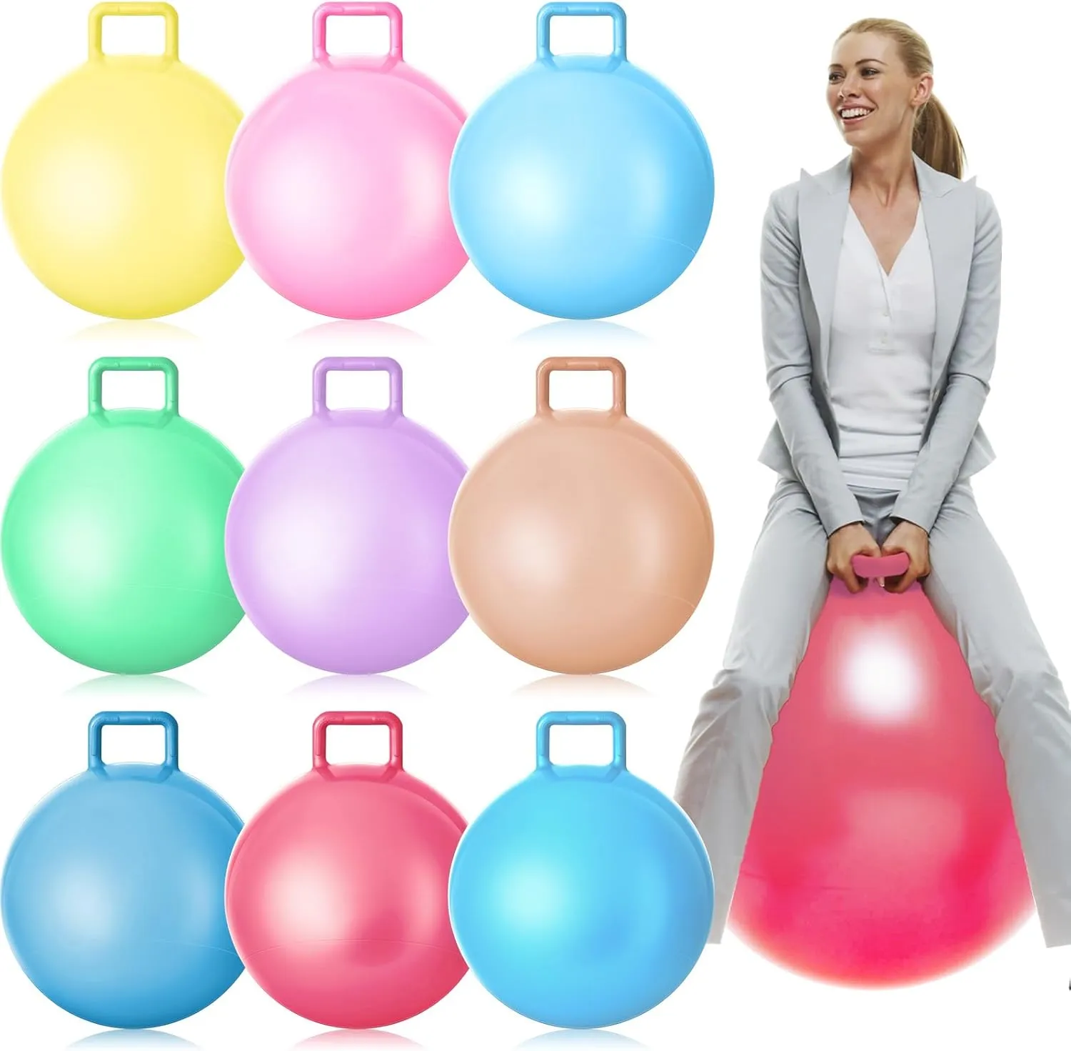 Meooeck 9 Pcs Hopper Ball Outdoor Bouncy Balls with Handles and Air Pump Jumping Hopping Ball for Games Exercise