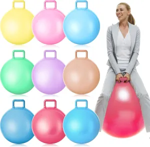 Meooeck 9 Pcs Hopper Ball Outdoor Bouncy Balls with Handles and Air Pump Jumping Hopping Ball for Games Exercise