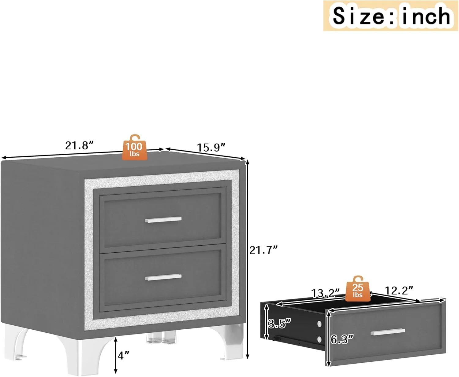 Merax 2-Drawer Nightstand with Metal Legs for Bedroom,Mid Century Nightstand Fully Assembled Except Legs and Handles,Velvet Bedside Table-Gray