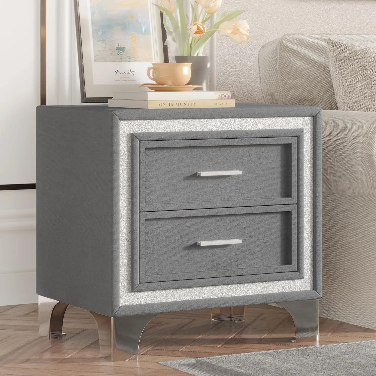 Merax 2-Drawer Nightstand with Metal Legs for Bedroom,Mid Century Nightstand Fully Assembled Except Legs and Handles,Velvet Bedside Table-Gray