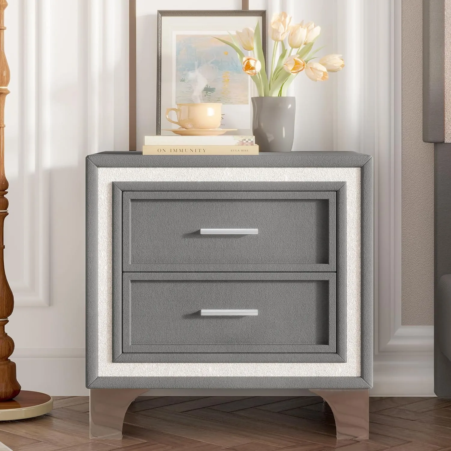 Merax 2-Drawer Nightstand with Metal Legs for Bedroom,Mid Century Nightstand Fully Assembled Except Legs and Handles,Velvet Bedside Table-Gray