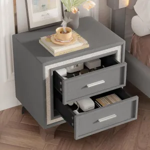 Merax 2-Drawer Nightstand with Metal Legs for Bedroom,Mid Century Nightstand Fully Assembled Except Legs and Handles,Velvet Bedside Table-Gray