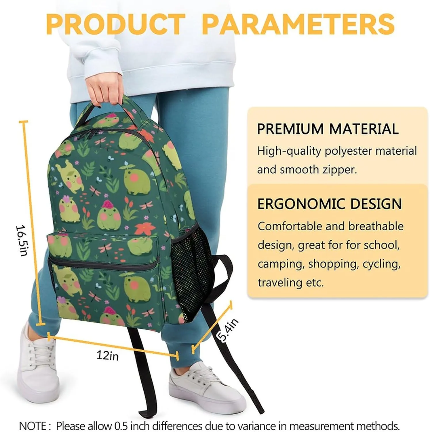 Mercuryelf Frog Backpack for Girls Boys, 16 Inch Green Backpacks for School Travel, Cute Lightweight Bookbag for Kids