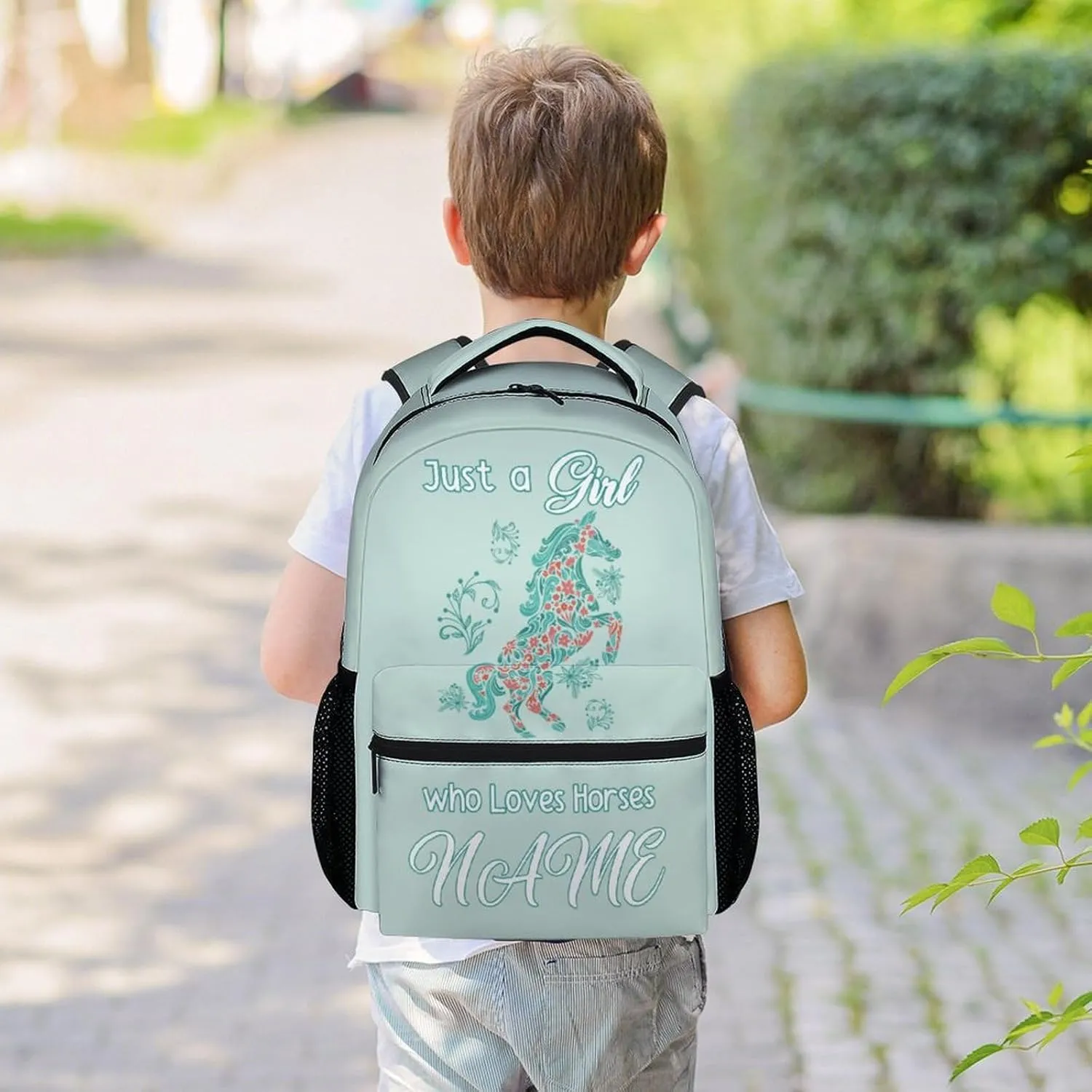 Mercuryelf Personalized Horse Backpack for Girls, 16 Inch Mint Green Backpacks for School, Fashion Just a Girl Who Loves Horses Bookbag for Kids