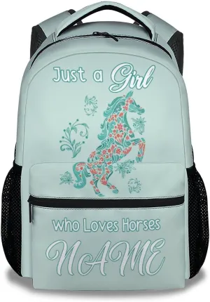 Mercuryelf Personalized Horse Backpack for Girls, 16 Inch Mint Green Backpacks for School, Fashion Just a Girl Who Loves Horses Bookbag for Kids