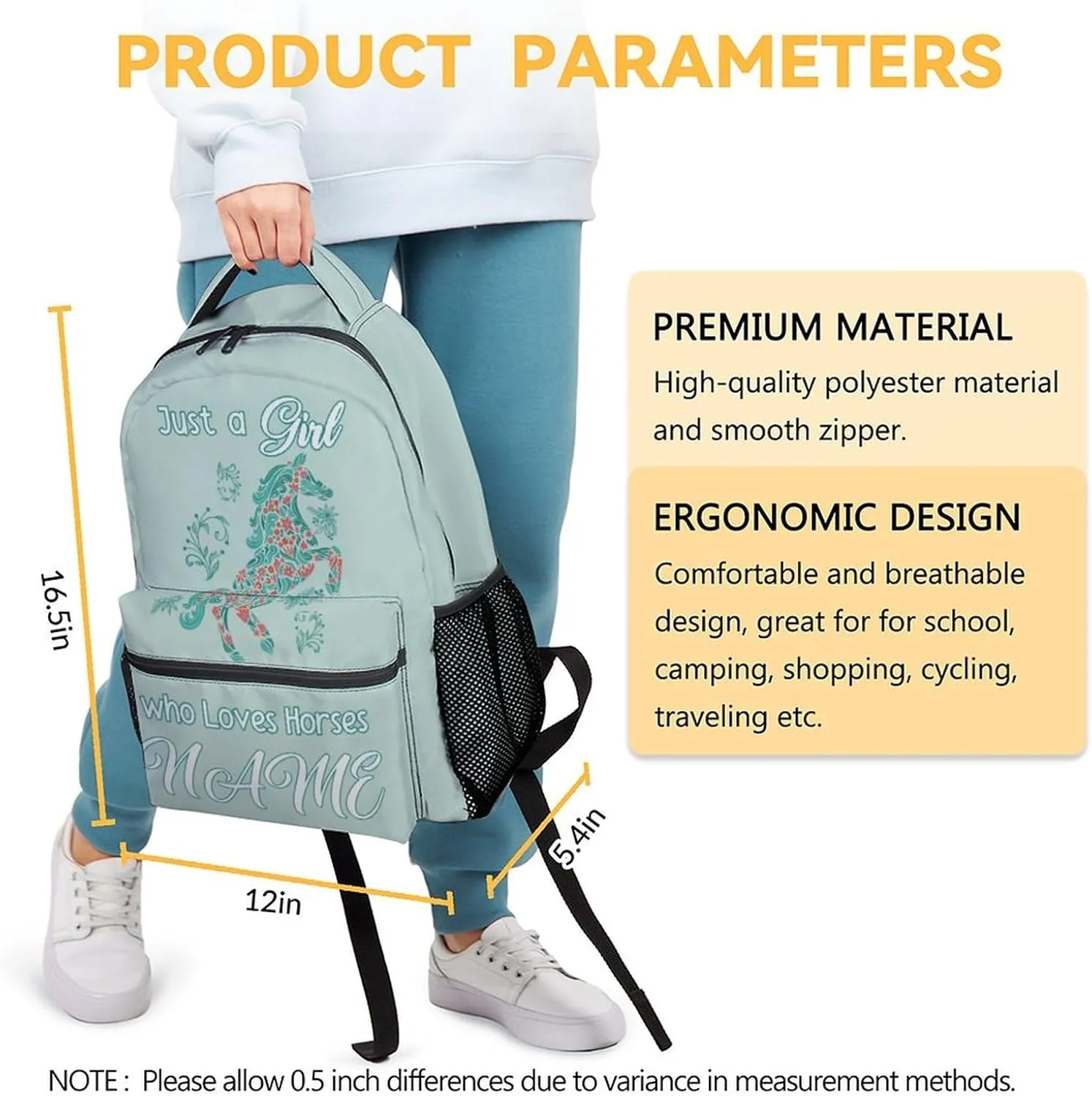 Mercuryelf Personalized Horse Backpack for Girls, 16 Inch Mint Green Backpacks for School, Fashion Just a Girl Who Loves Horses Bookbag for Kids