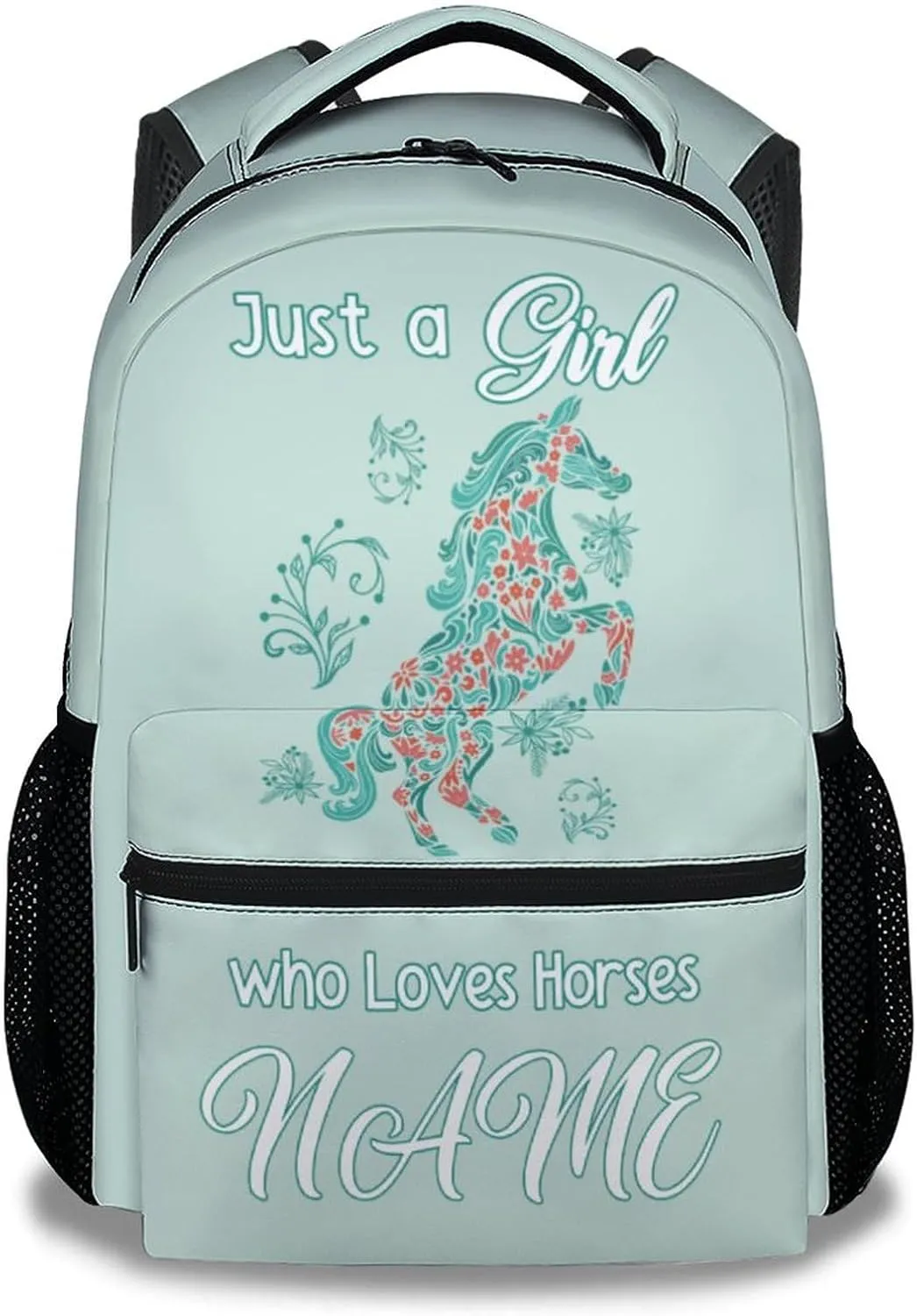 Mercuryelf Personalized Horse Backpack for Girls, 16 Inch Mint Green Backpacks for School, Fashion Just a Girl Who Loves Horses Bookbag for Kids
