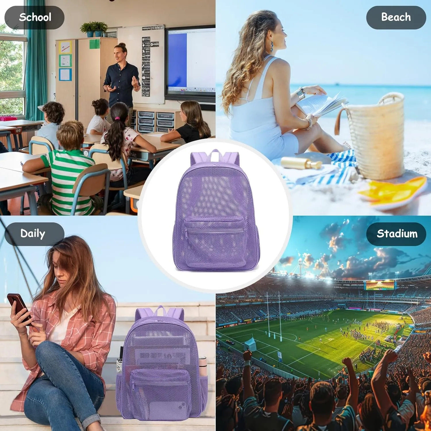 Mesh Backpack for School, Girls Boys See Through College Backpacks Heavy Duty Semi-Transparent Women Wen Bookbag for Swimming Travel Beach Hiking (Lavender Purple)