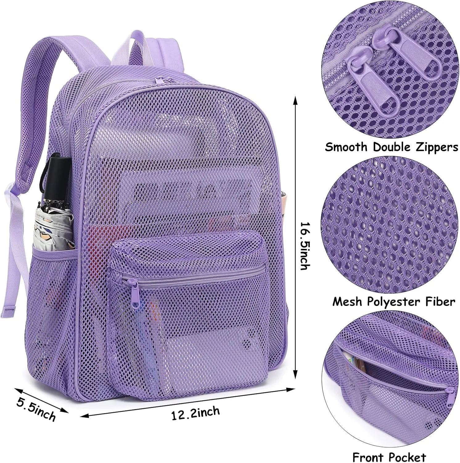 Mesh Backpack for School, Girls Boys See Through College Backpacks Heavy Duty Semi-Transparent Women Wen Bookbag for Swimming Travel Beach Hiking (Lavender Purple)